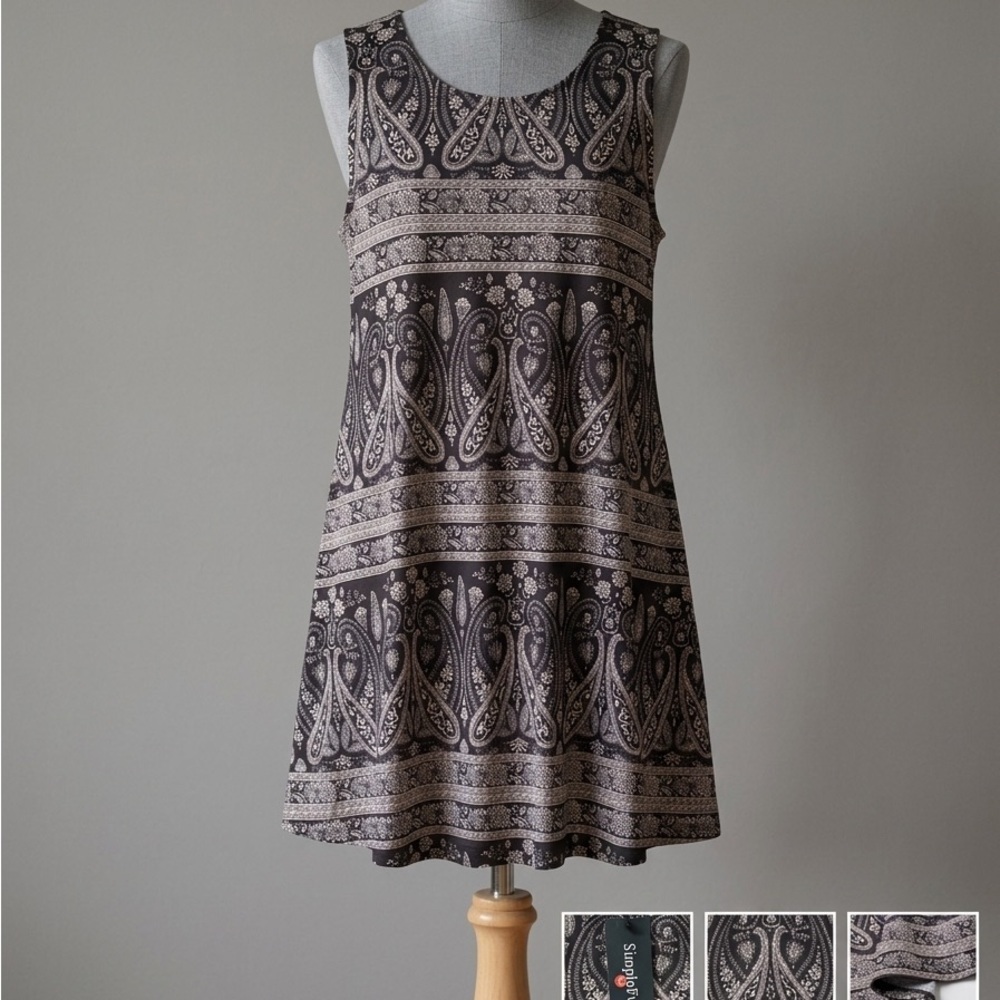 Simple Black Paisley A-Line Mini Dress - Picture 2 of 7